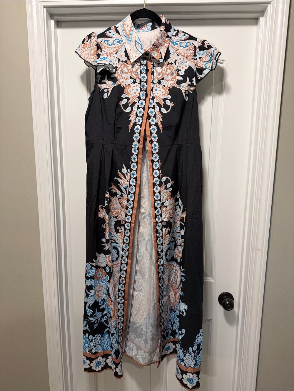 Black Floral Maxi Shirt Dress with Blue and Tan Accents